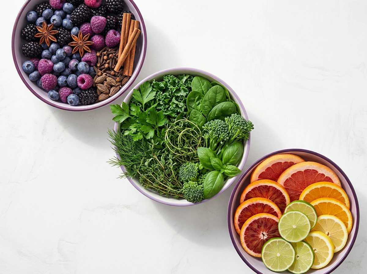 Plantaardige ingrediënten met bessen, kruiden en citrus voor dagelijks gebruik